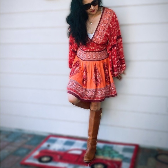 free people • nwt luna scarf tunic red combo small boho bell sleeve dress - Picture 1 of 8